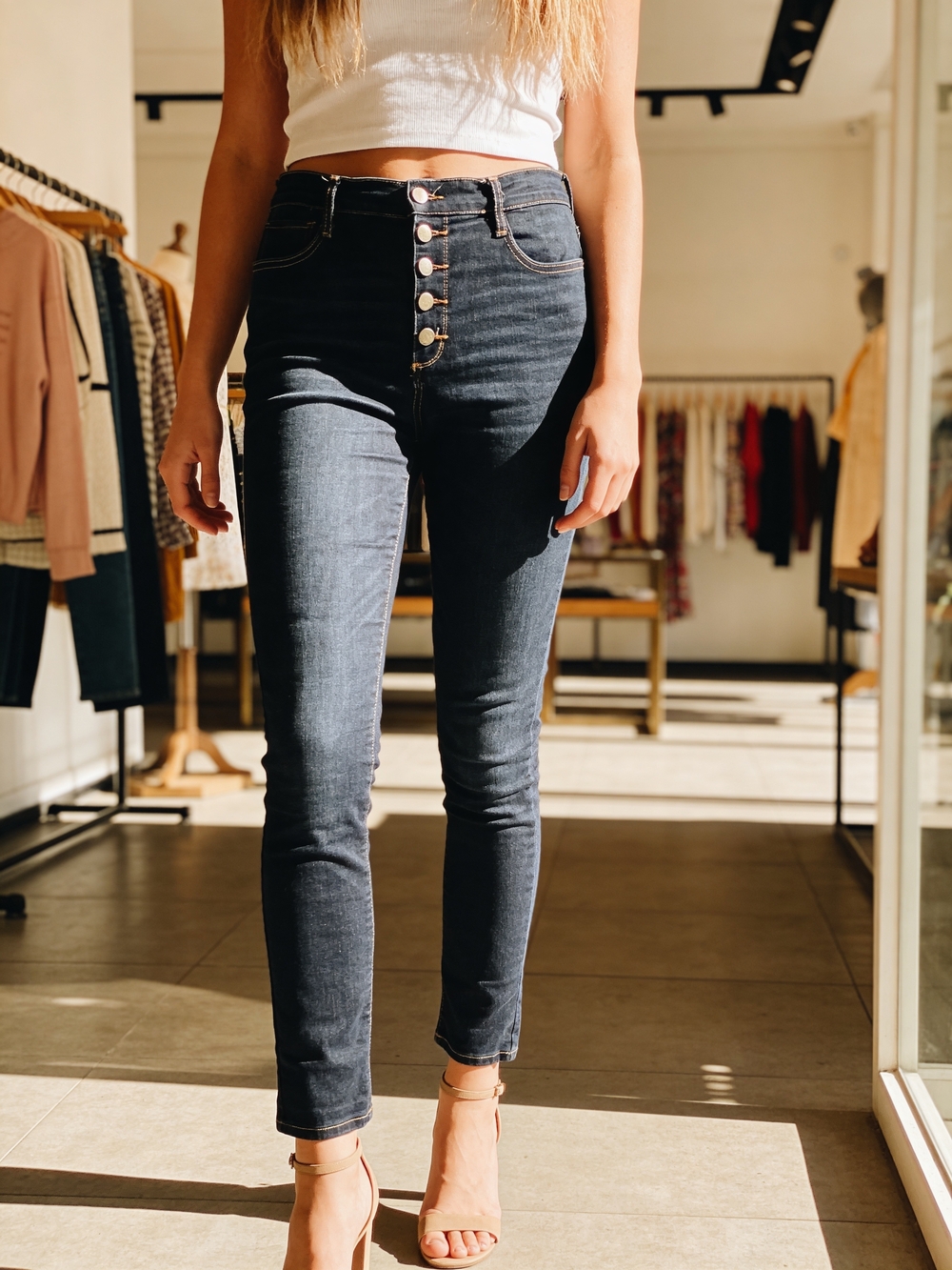 a.n.a Dark Blue High-Rise Button-Fly Skinny Jeans